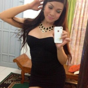 Cute brunette ladyboy Vitress Tamayo taking mirror selfies of perfect big tits