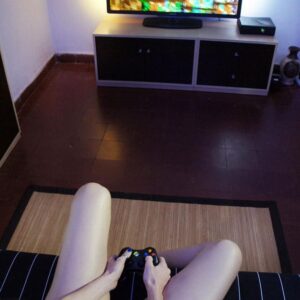 Brunette TS girlfriend Mariana Cordoba having big dick sucked while playing video game