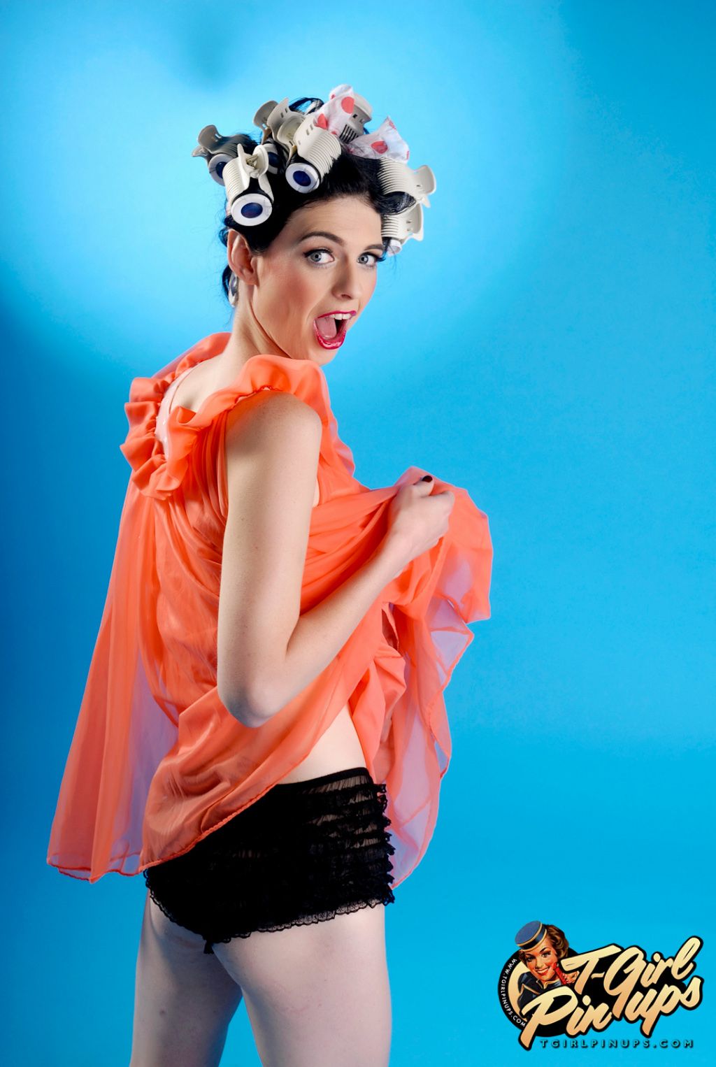 Thin transsexual Mandy Mitchell gets naked with her hair in curlers for a retro shoot TRANS.pics